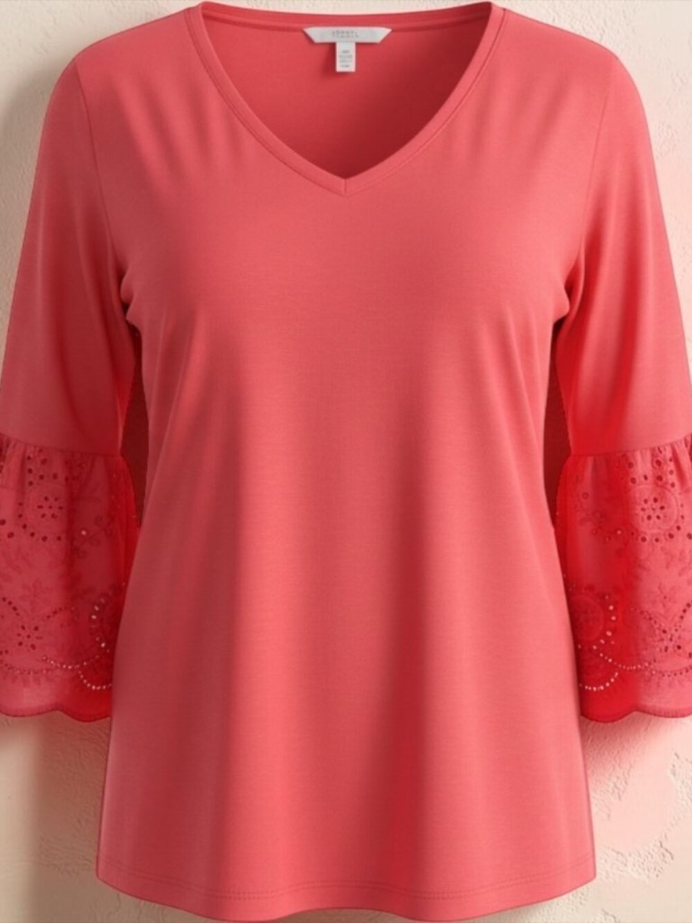 Time & Tru Coral Pink Eyelet Lace Bell Sleeve Tunic V-Neck Top XL